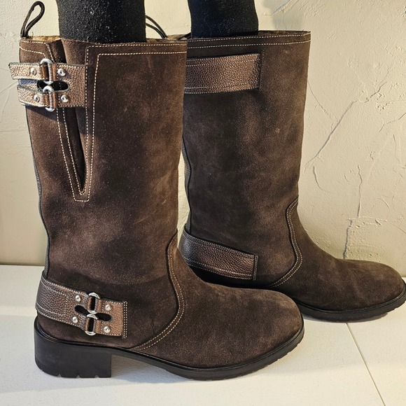 Cole Haan Womens Brown Suede Metallic Bronze Moto Boots Vibram Sole 9B 018064 - Picture 7 of 9